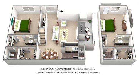 B2 2 bedroom tonwhome floor plan at The Willows on Rosemeade, Dallas
